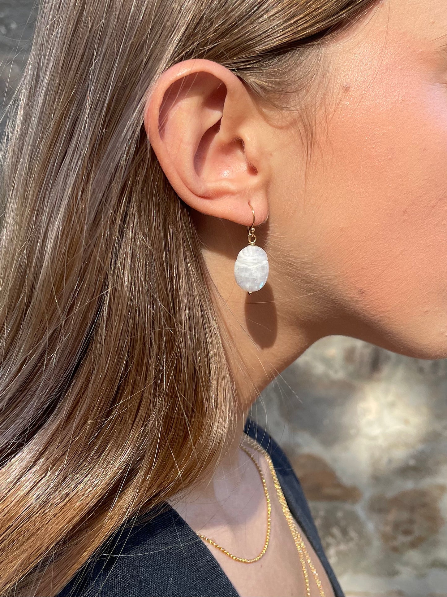 Rainbow Moonstone Beetle Earrings